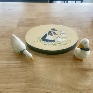 Vintage Goose Figurines and Oval Hanging Art Decor Lot of 3
